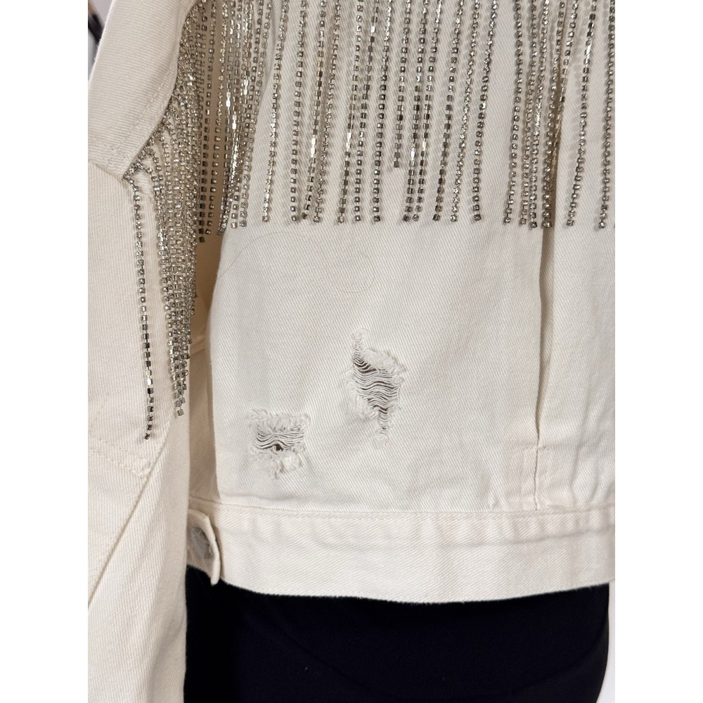 Blue B Collection Rhinestone Fringe Off White Denim Distressed Jacket Size‎ M/L - Picture 6 of 12